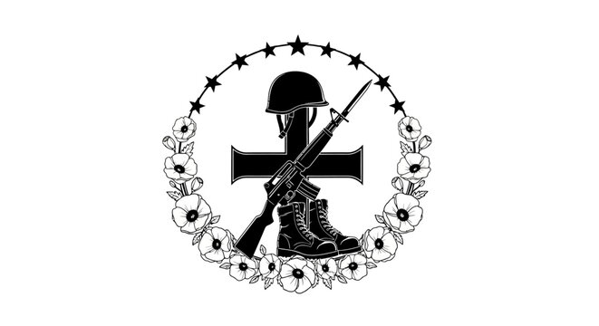Memorial emblem with military gear with emblem featuring cross black white memorial cross helmet rifle rifle boots barbed barbed wire stars with depicts black