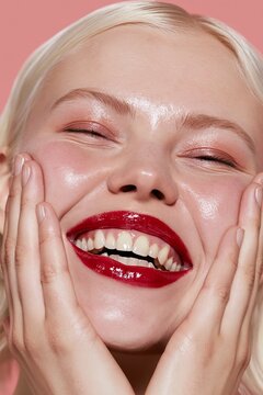 Woman with fair skin and red lipstick smiling. Close-up beauty portrait of a female with glowing skin. Model with closed eyes showcasing makeup.