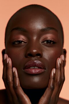 Close-up portrait of a woman with glowing skin. African American beauty model with shaved head. Skincare and makeup concept.
