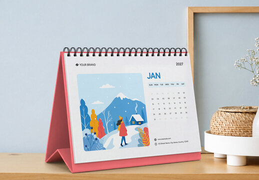 Desk Calendar 2027 Template with Cute Seasonal Vector Illustrations Layout