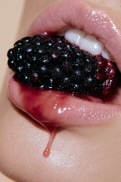 Glossy pale pink lips with black caviar beads. Close-up of beauty product texture on female mouth. High-fashion makeup look for editorial and adver...
