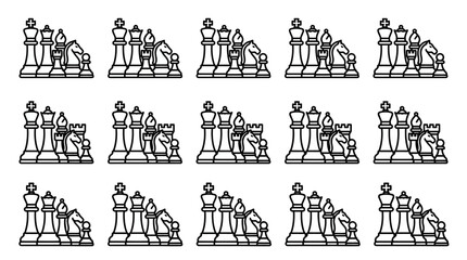 Industrial Style Black and White Chess Set Variations Showcasing Different Piece Arrangements with high quality professional line art symbols for modern creative design and digital branding projects © Budi