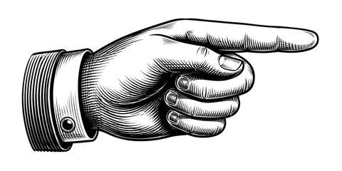 Engraving pointing hand illustration. Vintage style index finger gesture isolated on transparent background sketch. © Abdur