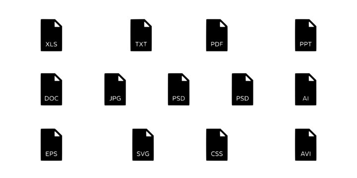 File Icons Grid with Document Format Labels Including Xls Txt Pdf Ppt Doc Jpg Psd Eps Svg Css Ai Avif