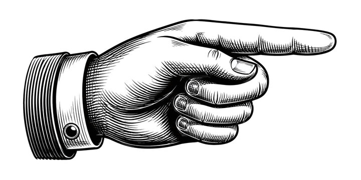 Engraving pointing hand illustration. Vintage style index finger gesture isolated on transparent background sketch.