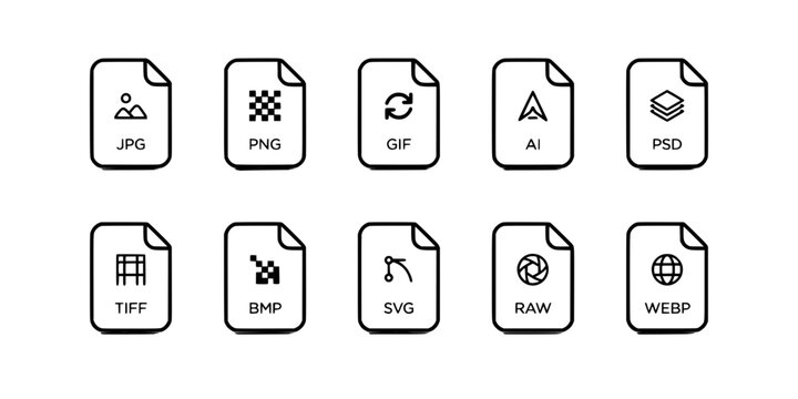 File Icons Representing Different Image File Formats Featuring Format, Jpg, Png with Gif and Ai Elements for Psd, Tiff Projects