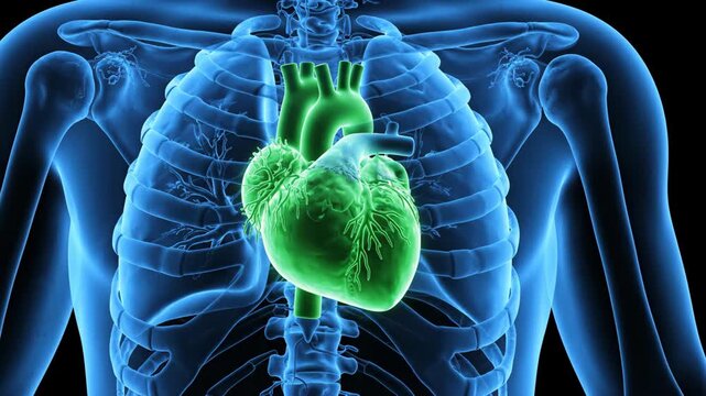 3D Render of Human Heart and Ribcage in Blue X-Ray View, Medical Anatomy Illustration.