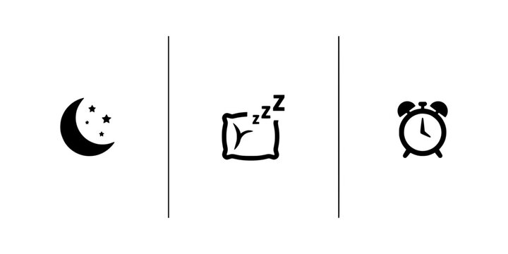 Moon Icon with Stars, Sleep Symbol, and Alarm Clock Icon Representing Night, Rest, and Wake-Up Time Featuring Vector