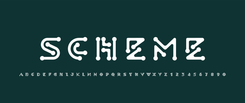 Logo font alphabet from segment lines, electro letters A, B, C, D, E, F, G, H, I, J, K, L, M, N, O, P, Q, R, S, T, U, V, W, X, Y, Z and numerals 0, 1, 2, 3, 4, 5, 6, 7, 8, 9, vector illustration 10EPS