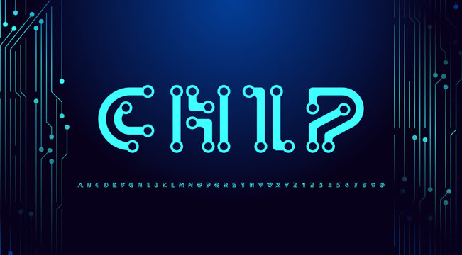 Logo font alphabet from segment lines, electro letters A, B, C, D, E, F, G, H, I, J, K, L, M, N, O, P, Q, R, S, T, U, V, W, X, Y, Z and numerals 0, 1, 2, 3, 4, 5, 6, 7, 8, 9, vector illustration 10EPS