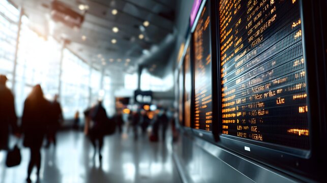 Airport departure board with blurred travelers and delayed flights, perfect for travel news, business presentation