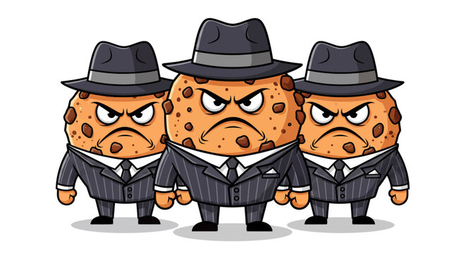 Trio of angry chocolate chip cookie mobsters wearing suits and hats