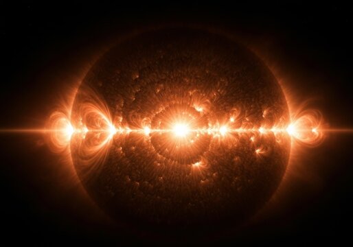 Glowing orange sun with symmetrical solar flares erupting along its equator against the darkness of deep space