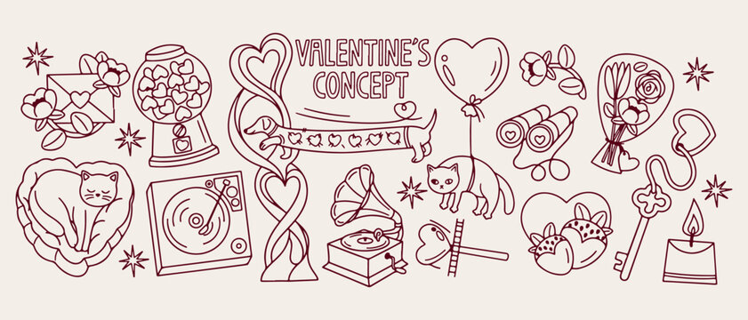 Valentines day romantic doodle background, love message line art pattern, wedding anniversary sketch illustration, dating relationship seamless texture, sweetheart gift icon set, celebration party ele