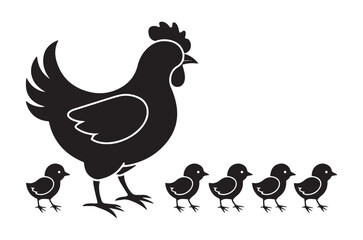 Fototapeta premium Hen With Chicks Silhouette On White Background
