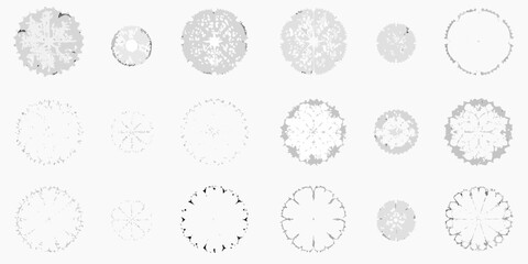 collection of twelve top down tree plan views in grayscale vector view silhouette transparent background white landscape architecture design pattern © Pabitra