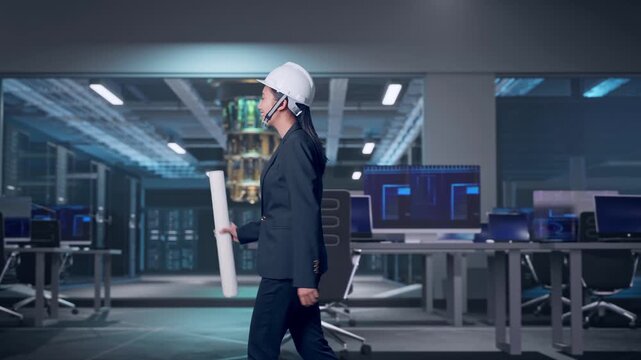 Side View of Asian Businesswoman Holding Blueprint While Walking at Futuristic Quantum Computer Data Center Control Room