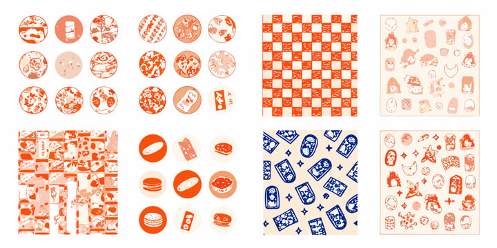 fast food icons and patterns vector illustration retro diner branding burger pizza fries checkered background orange beige blue shapes ovals