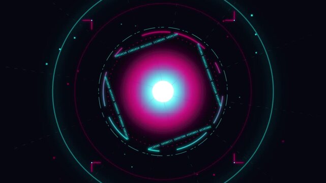 Digital futuristic neon portal with a bright glowing orb in the center