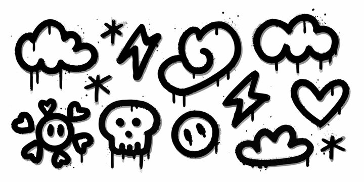 graffiti doodles in edgy black and white style on transparent background skull heart cloud lightning star smiley vector illustration urban