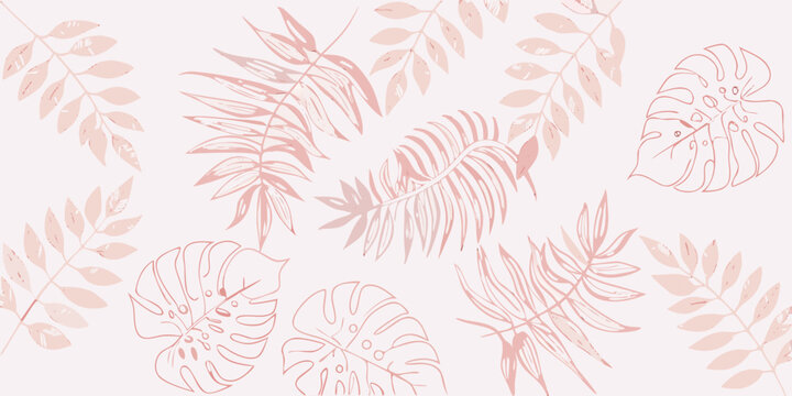 tropical leaves illustration in soft pink hues botanical monstera fern leaf pattern nature floral design artwork vector graphic print background