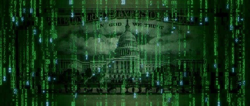 Digital Money Concept with Fifty Dollar Bill made up of Animated Code. Futuristic Finance Background.