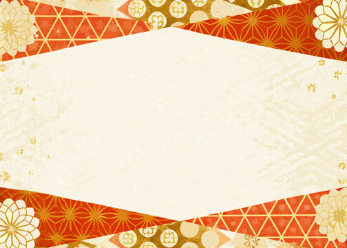 traditional japanese floral pattern with textured cream center red gold geometric design ornament culture art background frame triangle circle flower