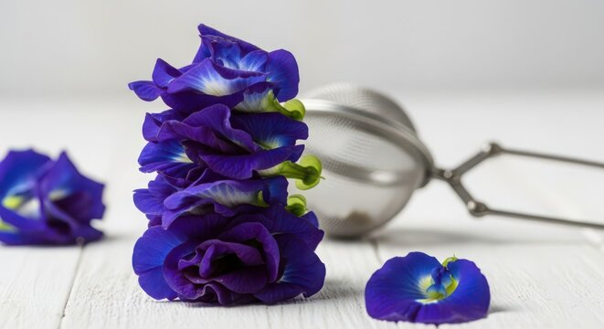 Vibrant stack of blue butterfly pea flowers with a tea strainer and single bloom