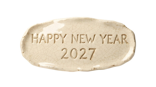Gold foil stamp Happy New Year 2027 on white background.