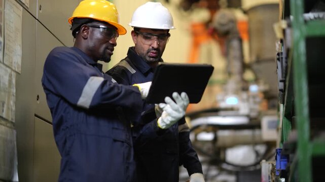 Factory technician inspects machined component before final approval during production process. Quality control, precision manufacturing and industrial engineering inside modern factory.