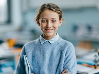 Obraz premium Smiling young girl with freckles holding books in a classroom setting