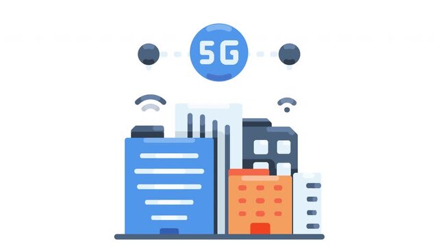 Modern cityscape with 5G signal icon floating above. Buildings stand tall, connected by digital networks. Wi-Fi symbol shows tech integration into daily life