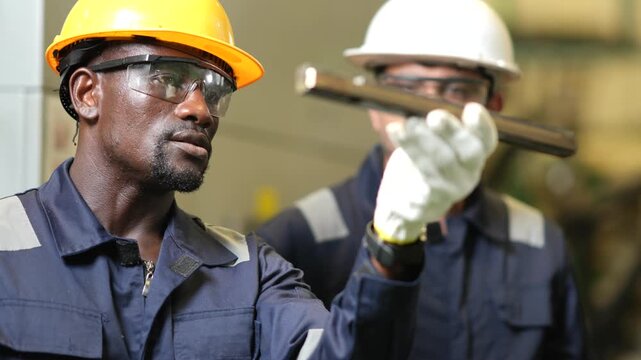 Factory technician carefully inspects machined metal component during quality control process. Slow motion footage highlighting precision manufacturing and industrial inspection.