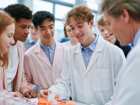 Students in lab coats gather around a table for a science experiment demonstration