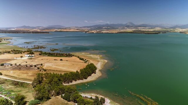 Aerial drone view of Bornos reservoir and mountains, Cadiz, Spain