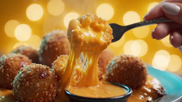 A hand dipping a crispy golden fried mac and cheese ball into creamy orange cheese sauce with bokeh lights