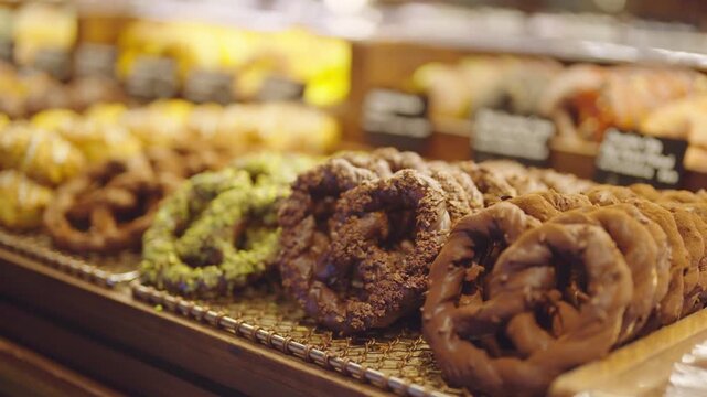 Showcase with sweet pastries in market, closeup view, enjoy tasty dessert. Traditional pretzels as snack in holiday fair, details shot, enjoy taste of asia during travel in china, fast food in street