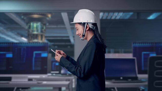 Side View of Asian Businesswoman Holding Blueprint While Walking and Looking Around at Futuristic Quantum Computer Data Center Control Room