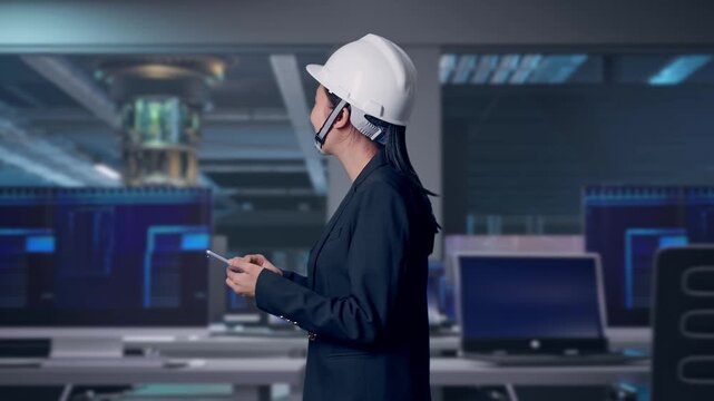 Side View of Asian Businesswoman Use Smartphone While Walking at Futuristic Quantum Computer Data Center Control Room