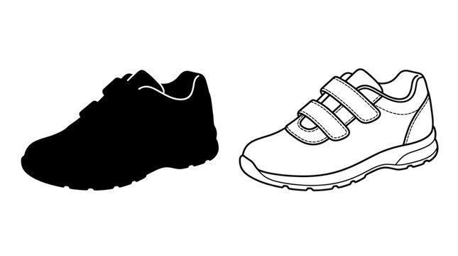 Sneaker Silhouette And Line Drawing On White Background