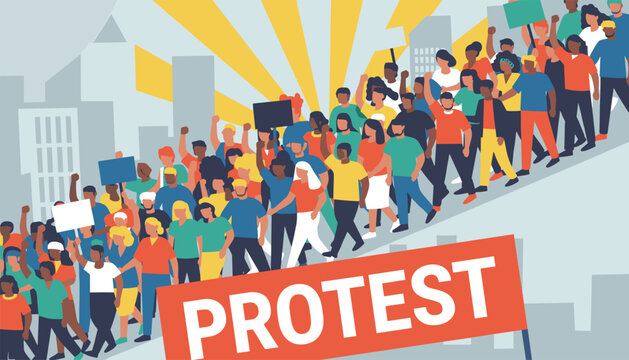 Large crowd of diverse people participating in a public protest march holding signs on a city street during a bright sunny day.
