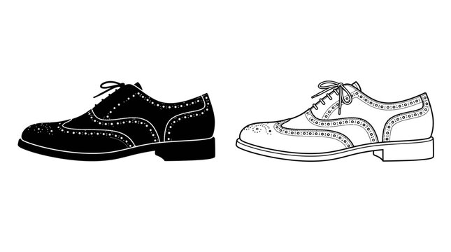 Two brogue shoes black and white line drawing on a white background