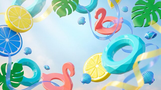 Floating tropical elements create playful summer energy in a bright sky setting.