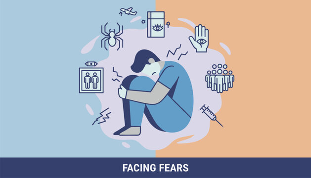 Distressed person curled in a ball surrounded by symbols of common phobias and fears like spiders, sharp needles, and heights.