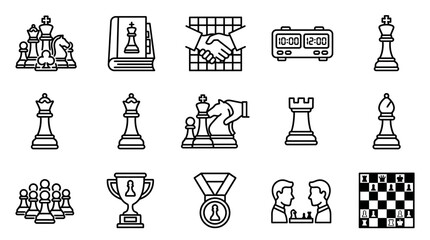 Modern Minimalist Black and White Chess Icon Set Featuring Pieces Board Clock Trophy Medal and Players © Kepo