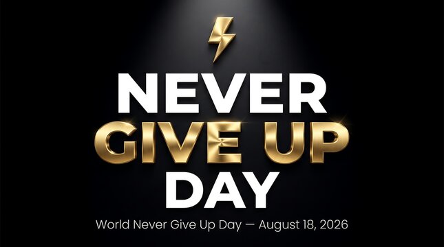 Inspirational never give up day typography design featuring bold white and metallic gold lettering on a dark background with a lightning bolt icon to celebrate perseverance and motivation on august 18