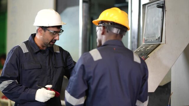 Two factory technicians discuss machining operations while reviewing CNC machine controls on production floor. Engineering teamwork, manufacturing process and industrial equipment in modern factory.