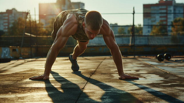 Man doing push-ups on outdoor concrete site in strong sunlight  