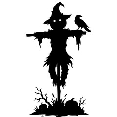 Fototapeta premium Halloween Scarecrow Silhouette with Crow, Spooky Haunted Farm Vector Illustration