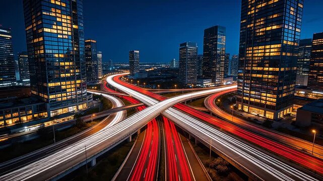 Nighttime city highway intersection with light trails